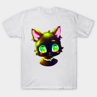 Black cat with green eyes wearing necklace T-Shirt